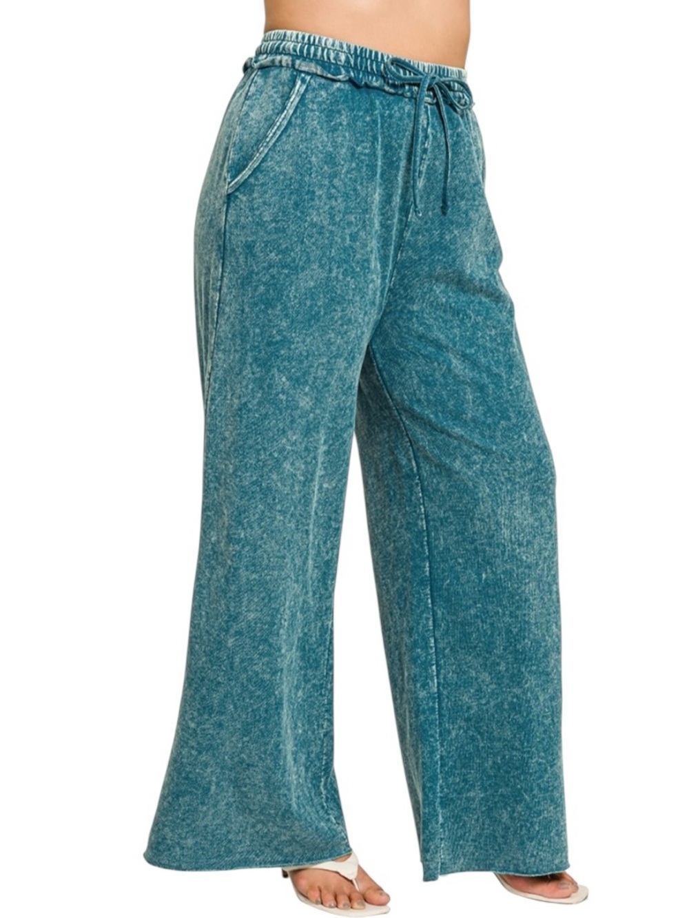 Zenana Teal Wash Cotton French Terry Wide Leg Pants - Picture 2 of 7